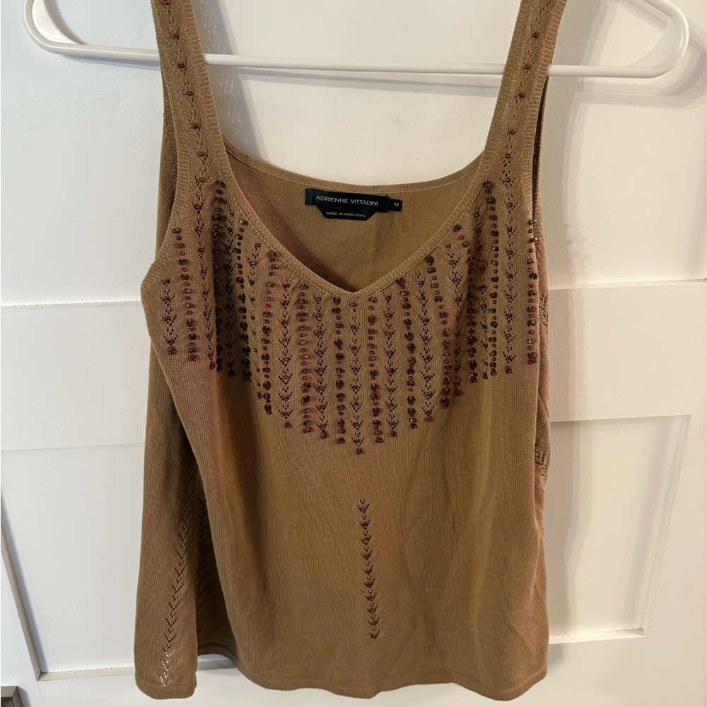 Adrienne Vittadini Tan Embellished Sleeveless Tank Top